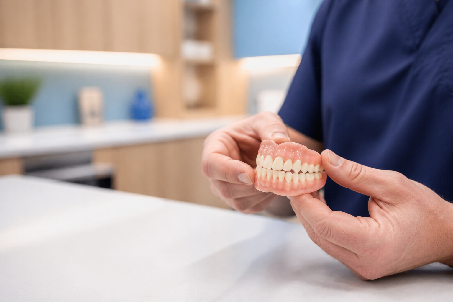 Denturist carefully holding a natural-looking denture