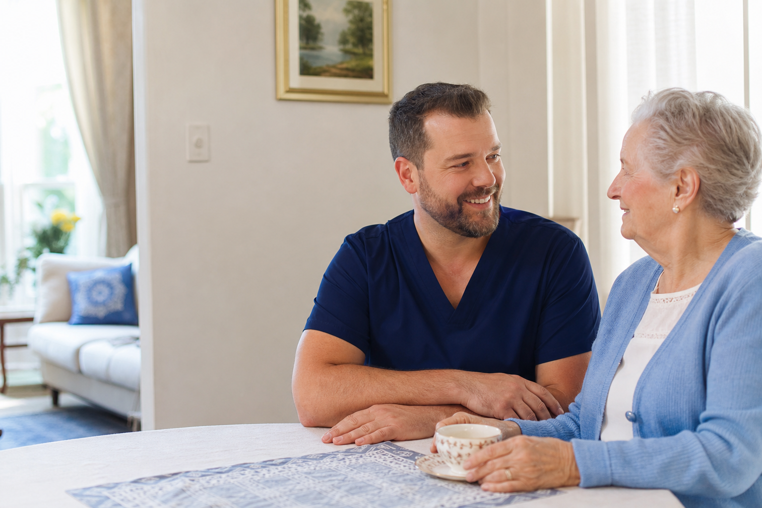 Denturist speaking with an older patient at home